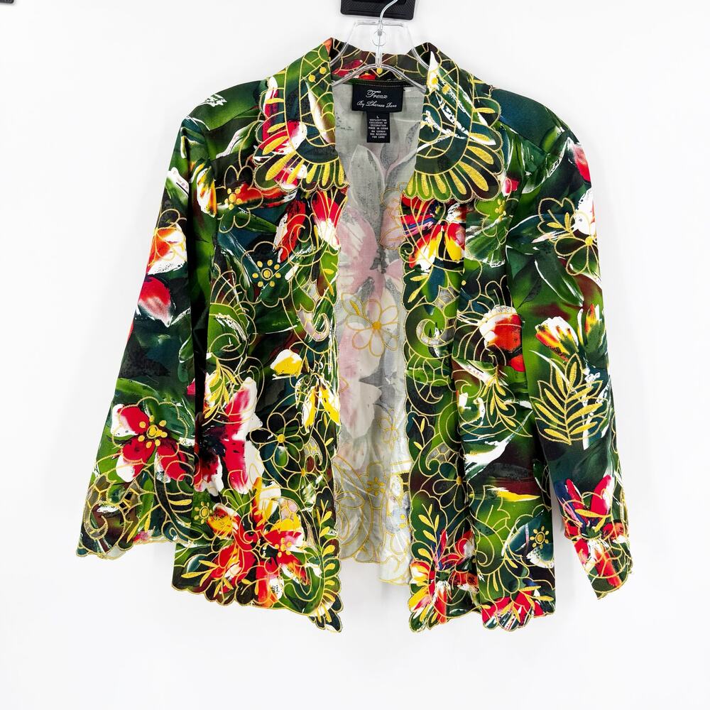 Trenz by Theresa Renz Floral Embroidered Jacket Large, Open Front Scalloped